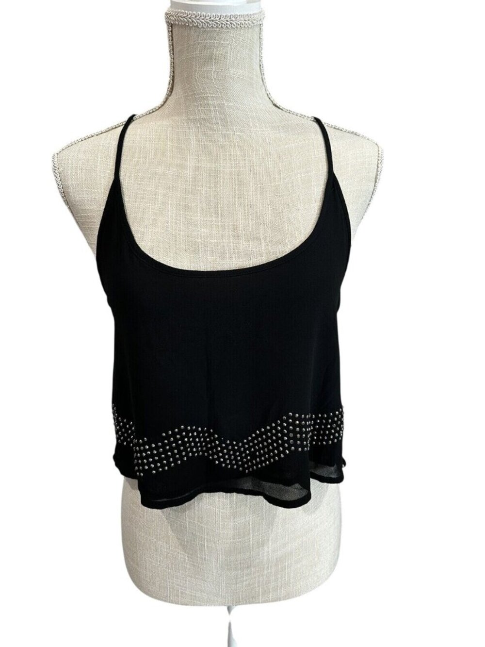 Naked Zebra Black Crop Tank Top Rhinestone Detailing & Sheer Hem S